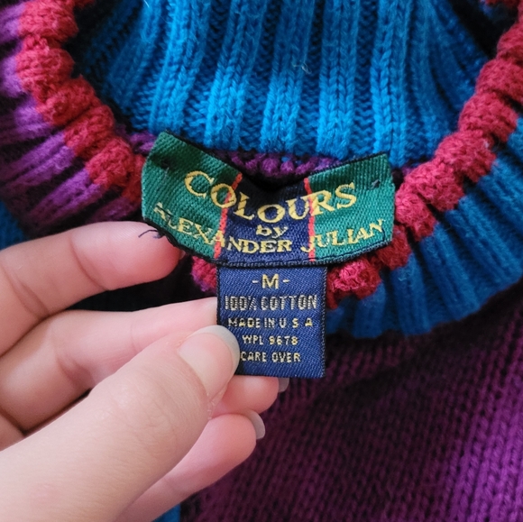 Vintage Color Block Mock Neck 100% Cotton Knit Sweater - Picture 6 of 6